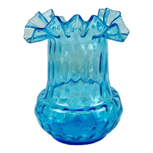 Vintage Peacock Blue Ruffled Art Glass 8" Vase