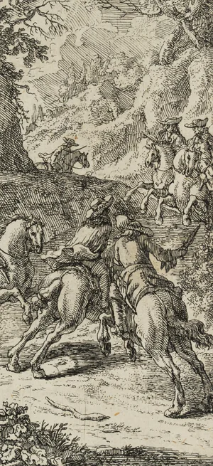 J. Meyer, Rider Assault on Forest Path, 17th-Century, Etching