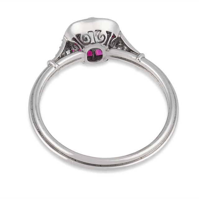1930s Art Deco Inspired Old Mine Cut Diamond Ruby Target Platinum Ring, Size 6.25 For Sale In Los Angeles - Image 6 of 6