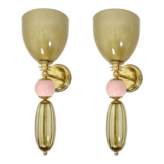 1980s Pair of Olive Green Murano Sconces For Sale