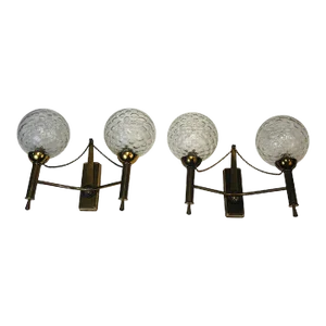 Circa 1970 French Brass and Glass Bowl Wall Sconces - A Pair