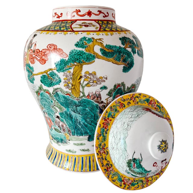 Mid 20th Century Large Vintage Chinese Famille Verte Wucai Temple Jar & Cover, Immortals Scene For Sale - Image 5 of 8