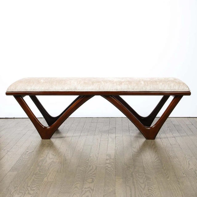 Brown Itialian Mid Century Modern Sculptural Graphic Walnut & Taupe Velvet Bench For Sale - Image 8 of 9