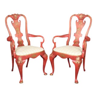 Red Chinoiserie Paint Decorated Georgian Armchairs or Dining Chairs - A Pair For Sale