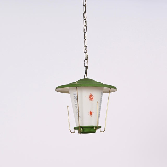 Metal Mid-Century Italian Round Opaline Glass and Brass Green Lantern Chandelier, 1950s For Sale - Image 7 of 18