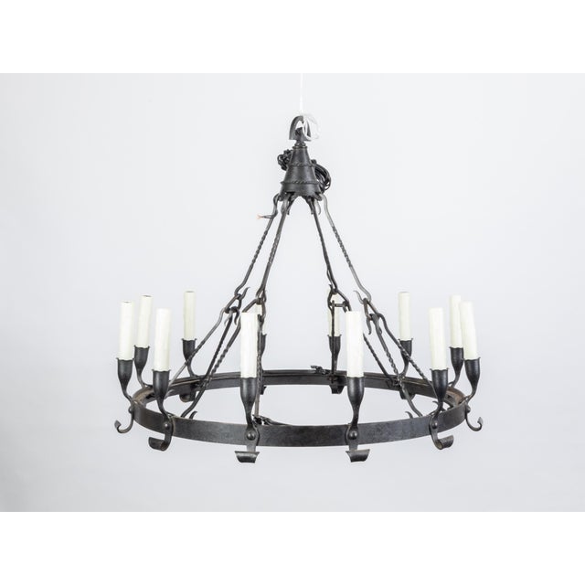 1900s Spanish Colonial 12-Light Iron Chandelier with Ring and Dark Patina For Sale - Image 9 of 12