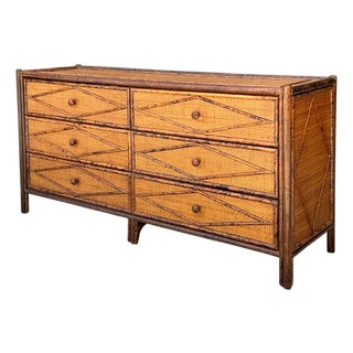 Vintage Diamond Rattan and Wood Six-Drawer Dresser For Sale