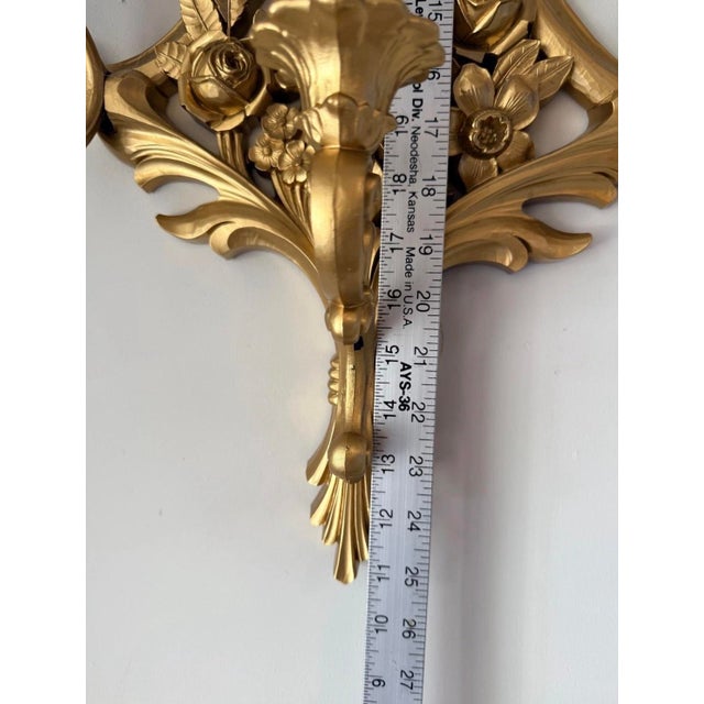 Hollywood Regency Vintage 1970s Gold Tone Floral Wall Sconce Candle Holder For Sale - Image 3 of 5