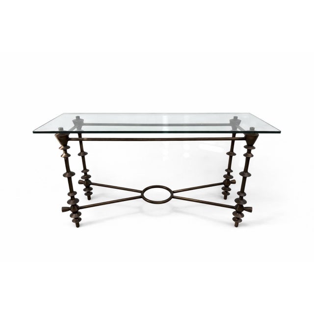 Giacometti-Style Patinated Bronzed and Glass Console Table Late 20th Century Two pieces Bronzed Metal Base and Glass top...