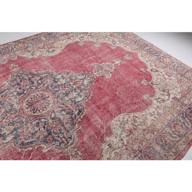 Textile Vintage Handmade Turkish Rug – Red Medallion With Cream Corners & Floral Scrollwork -6' 9'' X 10' 6'' For Sale - Image 7 of 11