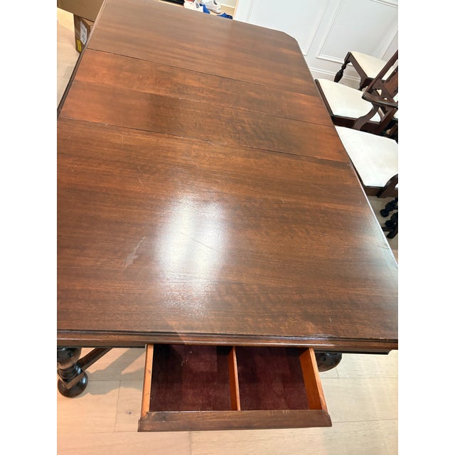Jacobean 1920s Walnut Dining Set Table and 6 Chairs For Sale - Image 11 of 12