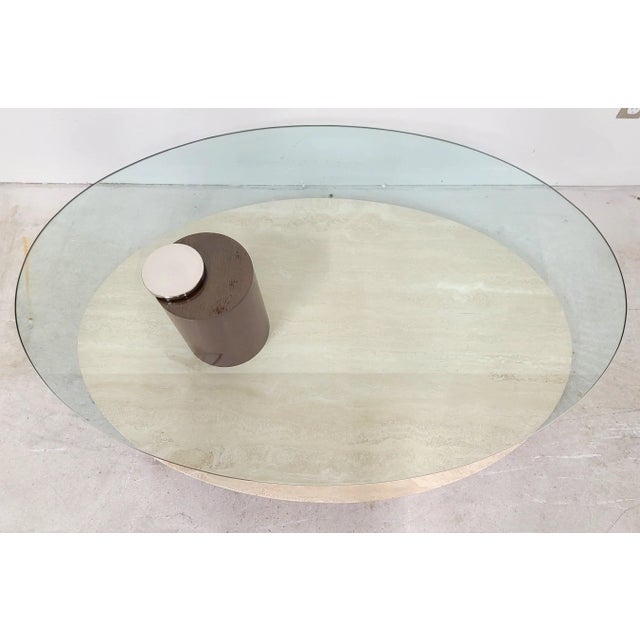 Travertine Marble & Glass Swivel Top Coffee Cocktail Table by Lion in Frost For Sale In Miami - Image 6 of 13