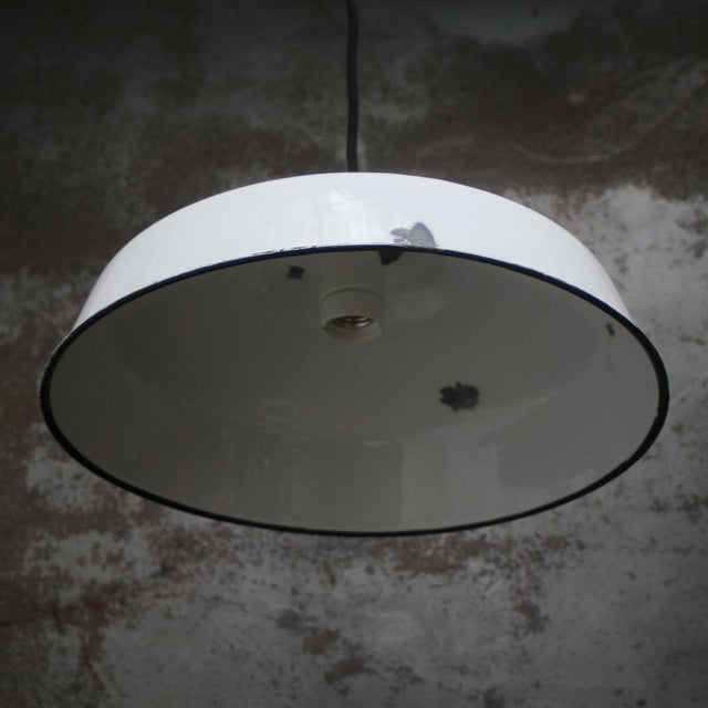 Vintage Industrial French White Enamel Factory Pendant Light For Sale - Image 4 of 5