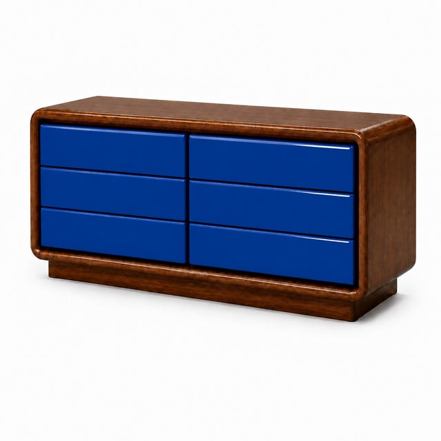 Postmodern dresser. Well made Refinished in a vivid blue/walnut lacquer.. Dresser is in excellent condition, ready to...