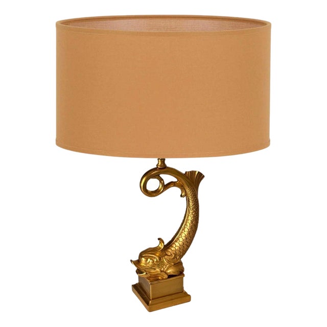 Large French Brass and Gilt Metal Fish Table Lamp, 1970s For Sale