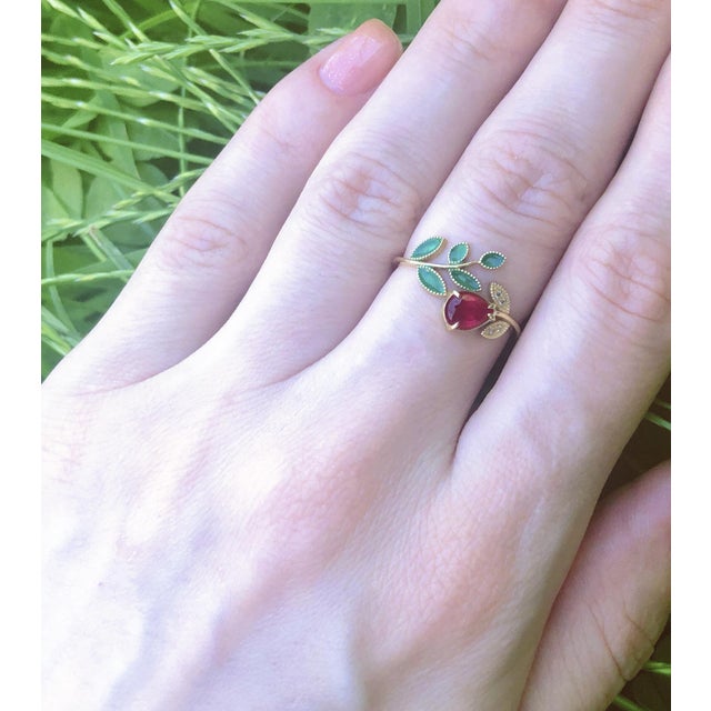 Flower ring with ruby in 14k gold. Pear ruby ring. Berry ring with ruby. Gold Leaves ring with diamonds. Open Ended Ring...