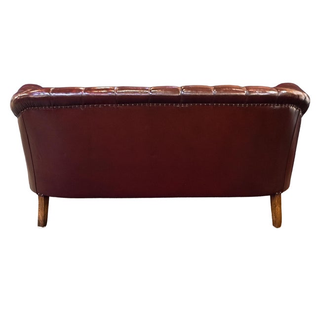 Oxblood Red Swedish Chesterfield Sofa or Settee of Tufted Patinated Oxblood Leather For Sale - Image 8 of 15