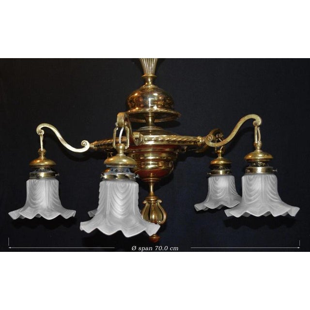Art Deco French Brass Five-Light Chandelier with Opaline Glass Shades, 1920s For Sale - Image 4 of 18