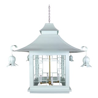 Vintage Chinoiserie Light Blue Iron Four-Lamp Pagoda Chandelier For Sale