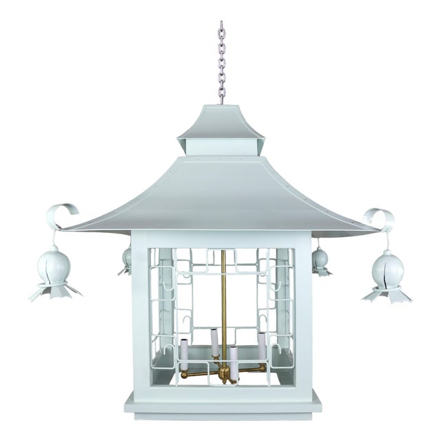 Vintage Chinoiserie Light Blue Iron Four-Lamp Pagoda Chandelier For Sale
