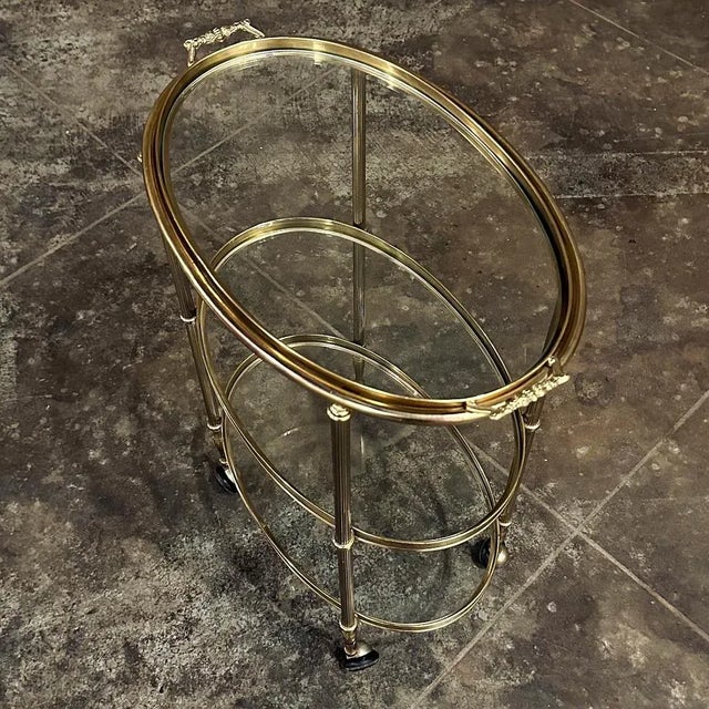 Mid-Century Brass & Glass Oval Bar Cart For Sale - Image 4 of 10