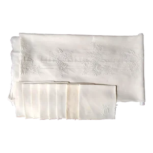 Beautiful Vintage Chinese Embroidered Fine Linen Tablecloth W/8 Embroidered Linen Napkins