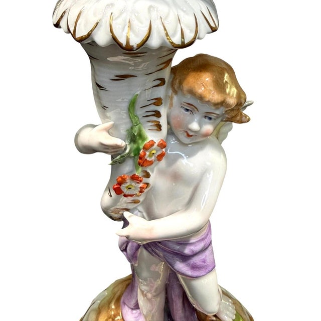 Antique Von Schierholz Germany Hand Painted Porcelain Cherub 2-Light Candelabra For Sale - Image 12 of 15