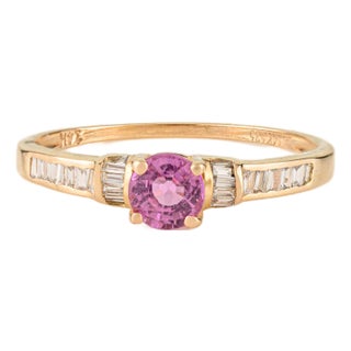 Brilliant Round Cut Pink Sapphire & Diamond Stacking Ring Size 7 in 14k Yellow Gold For Sale
