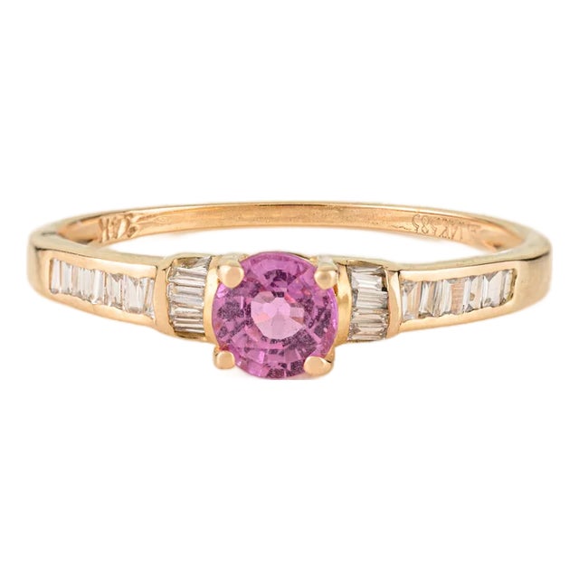 Brilliant Round Cut Pink Sapphire & Diamond Stacking Ring Size 7 in 14k Yellow Gold For Sale