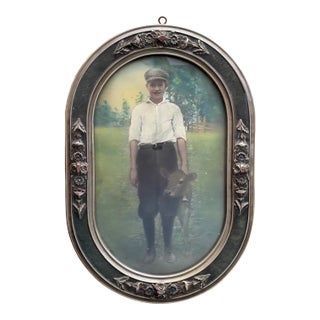Antique Convex Bubble Glass Hand-Colored Portrait - Farm Boy with Calf, 19 x 13 For Sale
