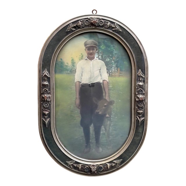 Antique Convex Bubble Glass Hand-Colored Portrait - Farm Boy with Calf, 19 x 13 For Sale