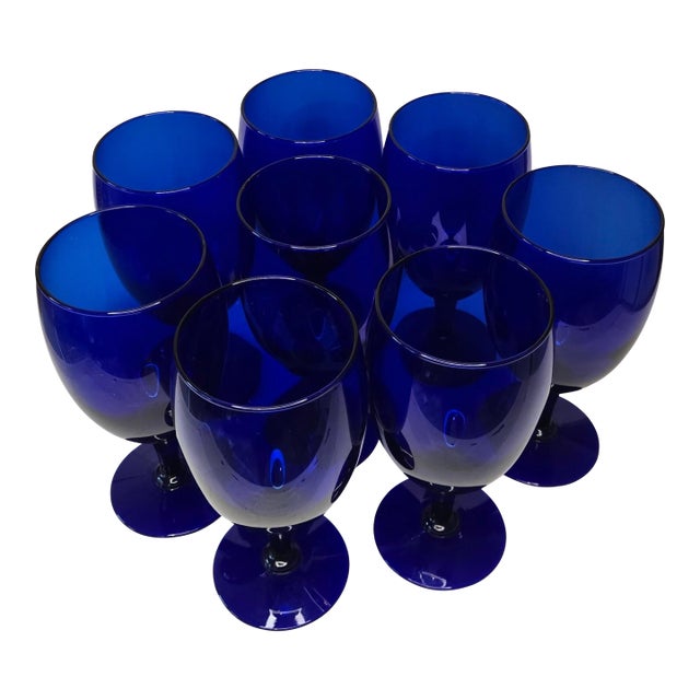 Vintage 90s Cobalt Goblets- Set of 8 For Sale
