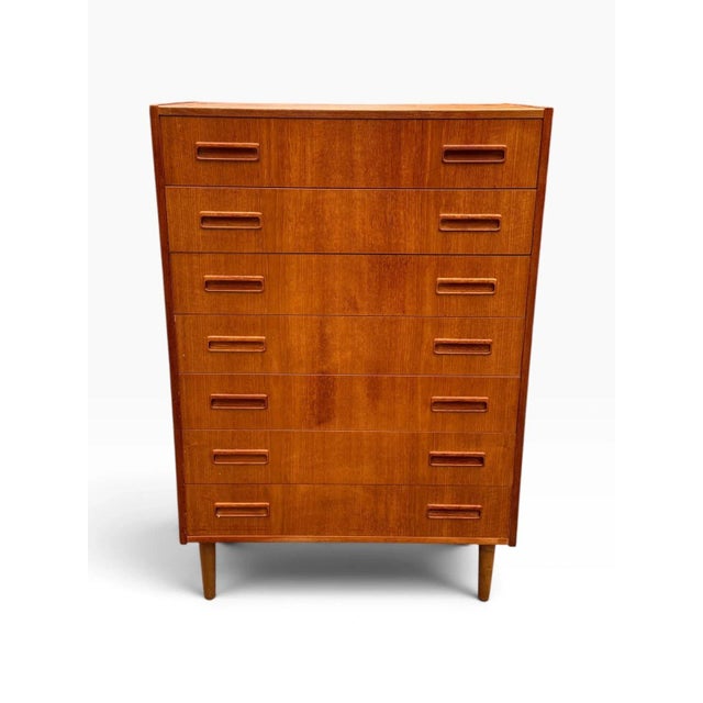 Mid-Century Danish Modern Teak Tallboy Dresser | Chest of Drawers With Carved Pulls For Sale - Image 4 of 15