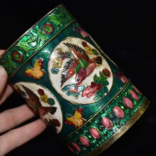 1960s Enamel Brush Pot With Bird and Flower Motif For Sale - Image 9 of 9