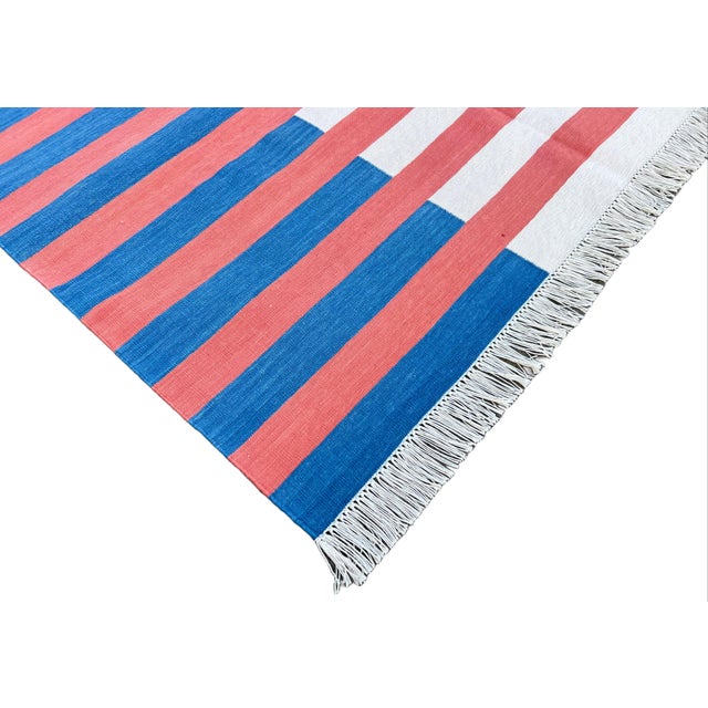 Handwoven Cotton Area Rug, Vegetable Dyed Blue, Terracotta and Cream Striped Dhurrie - 10'x14' For Sale - Image 6 of 10