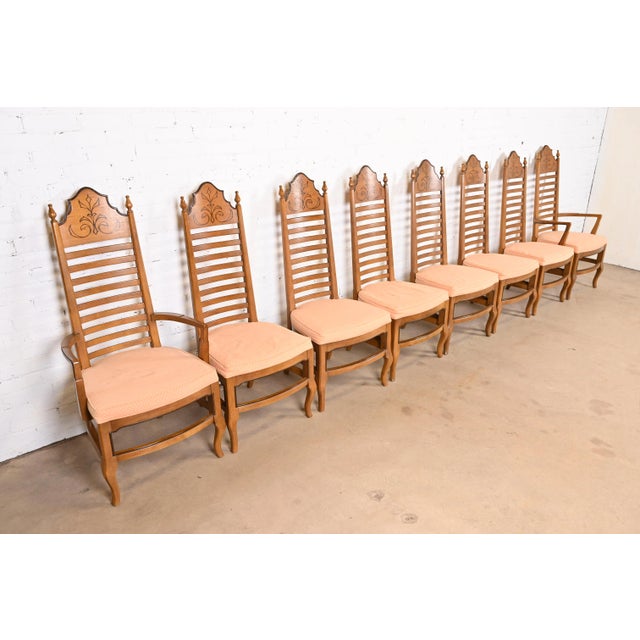 Drexel Drexel Mid-Century Italian Provincial Carved Walnut High Back Dining Chairs, Set of Eight For Sale - Image 4 of 13