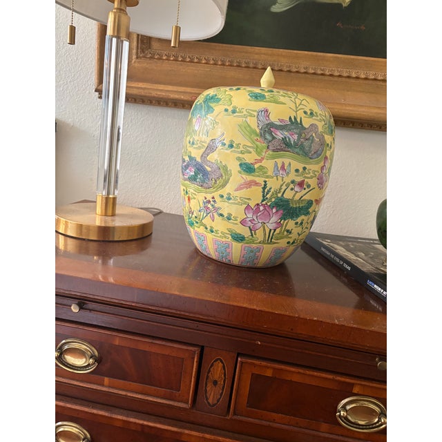 Oversized 14” Vintage Yellow Famille Rose Lotus Pond Ginger Jar For Sale - Image 4 of 10
