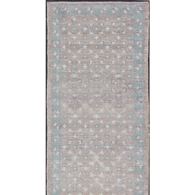 Modern Turkish Oushak Runner in Light Blue and Beige Tones With Allover Pattern For Sale - Image 9 of 12