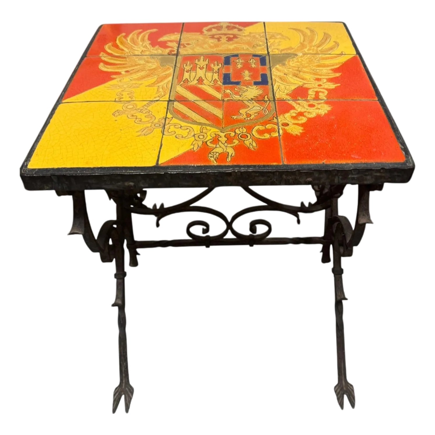 Vintage Heraldic Enamel Tile & Wrought Iron Accent Table | Chairish