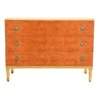 Romweber Style French Regency Louis XVI Burl Wood and Parcel Painted Three-Drawer Dresser Chest, Circa 1940s For Sale