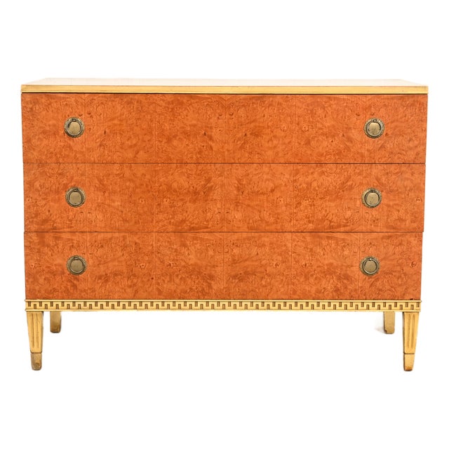 Romweber Style French Regency Louis XVI Burl Wood and Parcel Painted Three-Drawer Dresser Chest, Circa 1940s For Sale