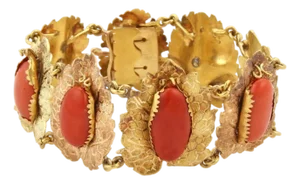 Cabochon Coral Textured Leaf 18k Two Tone Gold Link Bracelet
