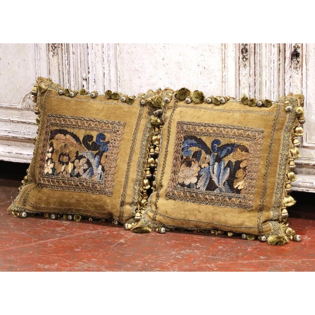 This elegant pair of decorative pillows is crafted with antique 18th Century French Aubusson tapestry fragments, and...