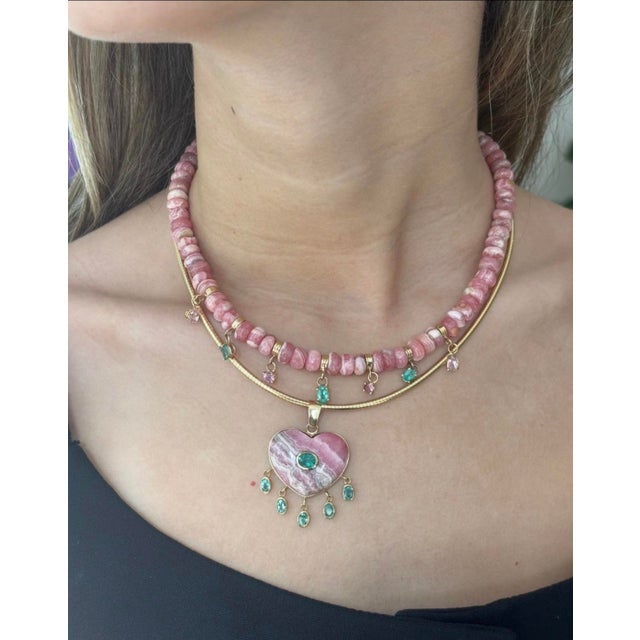 Modern Large Rhodochrosite Heart Pendant With Emeralds & 14k Gold For Sale - Image 3 of 14