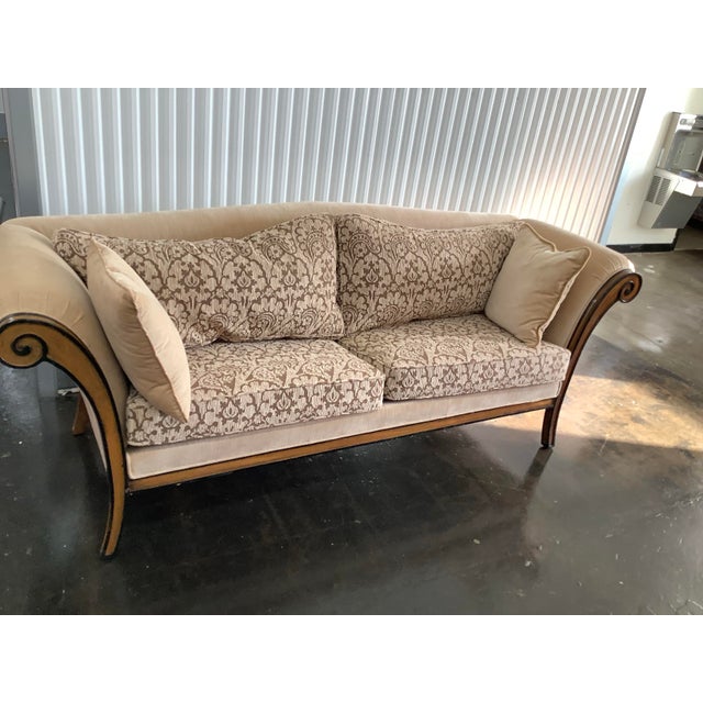 Almond Upholstered Sofa With Carved Wood Frame and Scrolled Arms For Sale - Image 8 of 12