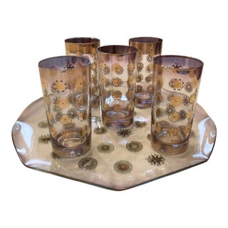 1950s Mid-Century Modern Dorthy Thorpe Tom Collins Glasses With Curved Matching Tray Set, 6 Pieces For Sale