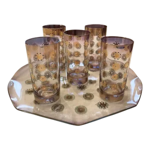 1950s Mid-Century Modern Dorthy Thorpe Tom Collins Glasses With Curved Matching Tray Set, 6 Pieces