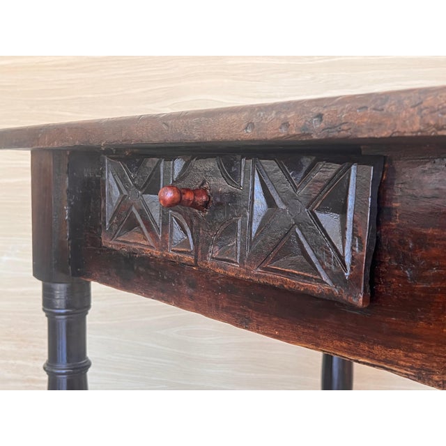 Brown 18th Spanish Console Table with Carved Drawers and Original Hardware For Sale - Image 8 of 18