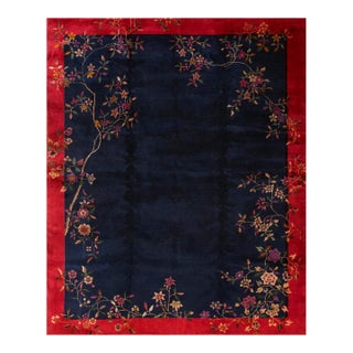1920s Navy Blue Floral Antique Chinese Art Deco Carpet 7' 10'' X 9' 7'' Knotted Pile Wool Rug For Sale