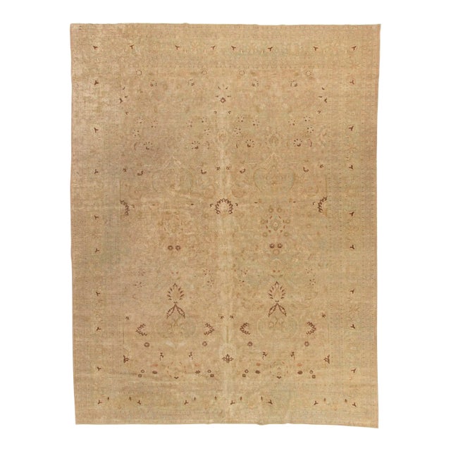Antique Circa 1920 Tan Meshad Hand Knotted Rug 9'11 X 13'2 For Sale